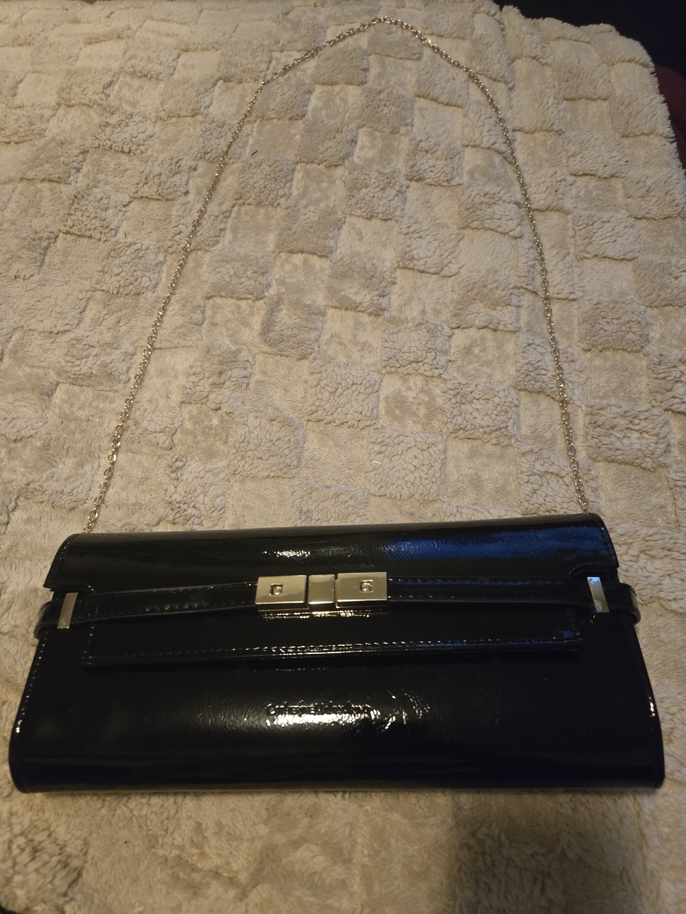 Black Patent Leather Chain Wristlet Clutch with Gold Hardware